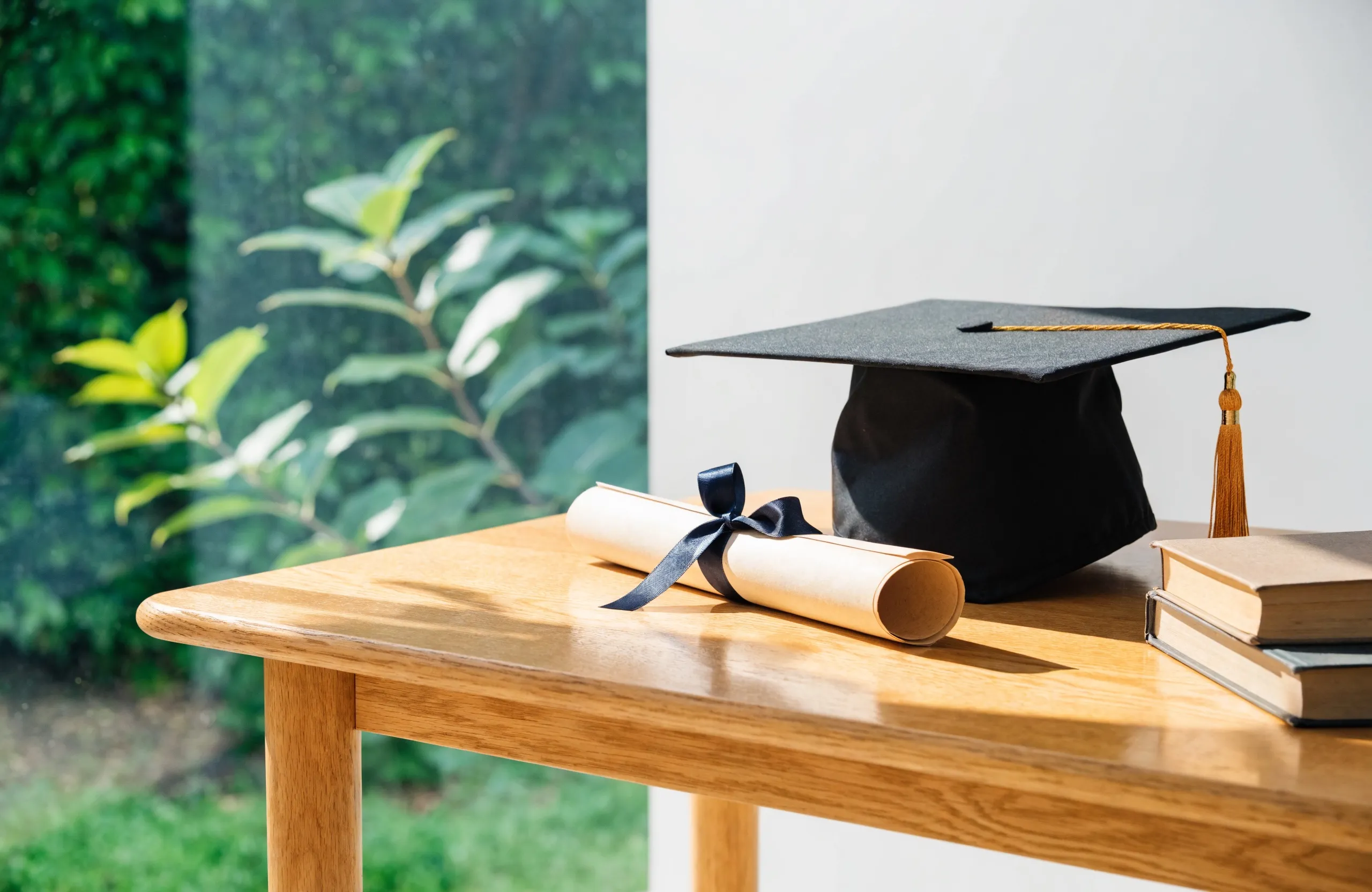 A graduation cap with a gold tassel and a rolled diploma beside a stack of books on a sunlit oak table